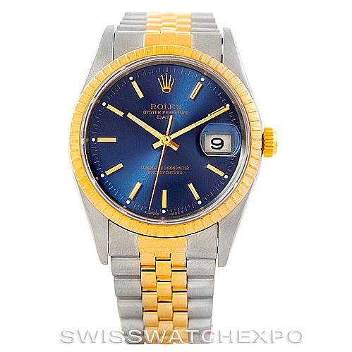 The image shows a frontal view of a Rolex Date 15223 Men's Steel and Gold (two tone) Blue Dial 15223 Men's Steel and Gold (two tone) Blue Dial model watch, featuring a blue dial, date window, and two-tone bracelet.