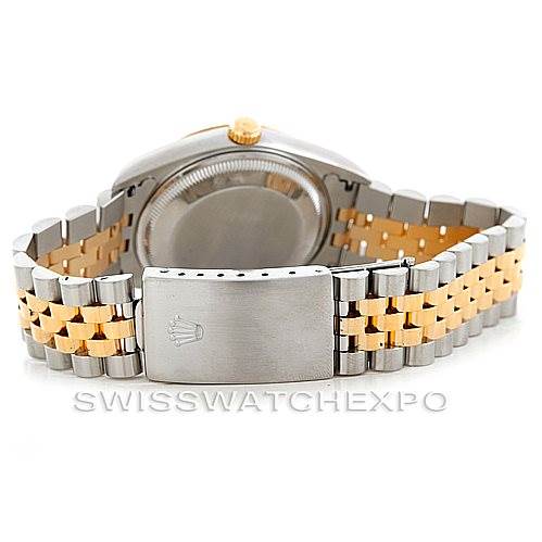 This image shows the back view of a Rolex Date 15223 Men's Steel and Gold (two tone) Blue Dial 15223 Men's Steel and Gold (two tone) Blue Dial model watch, highlighting its case back and dual-tone bracelet with clasp.