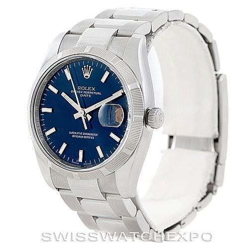 This image shows a Rolex Date 115210 Men's Stainless Steel Blue Dial 115210 Men's Stainless Steel Blue Dial model watch from an angled front view, highlighting the blue dial, bracelet, and crown.