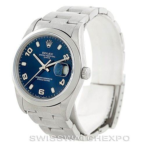 The image shows a Rolex Date 15200 Men's Stainless Steel Blue Dial 15200 Men's Stainless Steel Blue Dial model watch from a front-left angle, displaying the dial, case, bracelet, and crown.