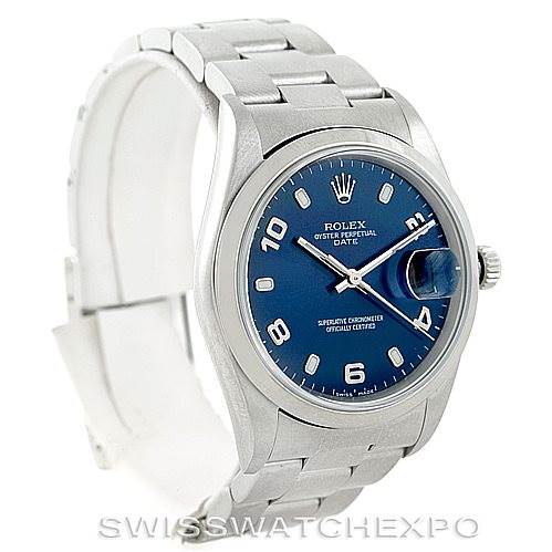 This image shows a Rolex Date 15200 Men's Stainless Steel Blue Dial 15200 Men's Stainless Steel Blue Dial model watch at a slight angle, displaying its blue dial, bracelet, and case.