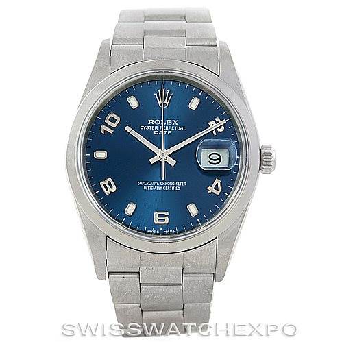 The image shows a front view of a Rolex Date 15200 Men's Stainless Steel Blue Dial 15200 Men's Stainless Steel Blue Dial model watch, displaying the dial, bracelet, and crown.
