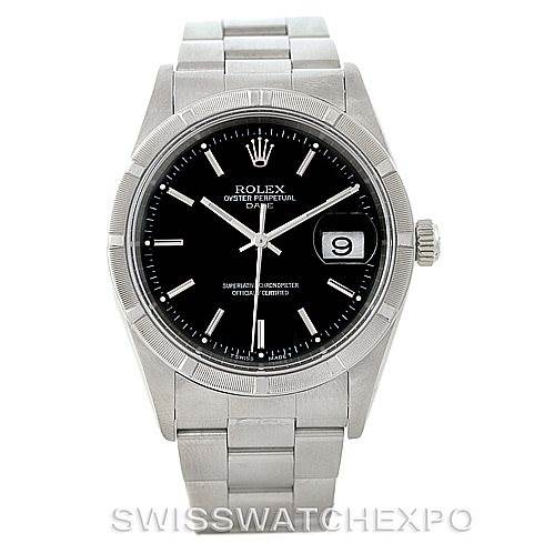 This image shows a front view of a Rolex Date 15210 Men's Stainless Steel Black Dial 15210 Men's Stainless Steel Black Dial model watch, displaying its black dial, date window, and stainless steel bracelet.