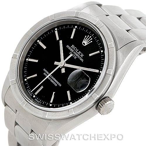 The image shows a close-up angle of the Rolex Date 15210 Men's Stainless Steel Black Dial 15210 Men's Stainless Steel Black Dial model watch, highlighting the dial, bezel, crown, and bracelet.