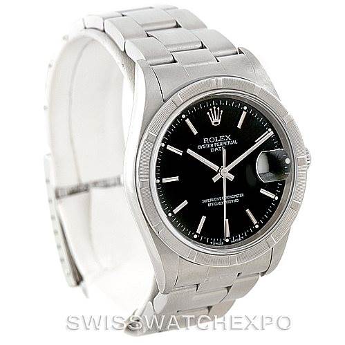 This image shows a Rolex Date 15210 Men's Stainless Steel Black Dial 15210 Men's Stainless Steel Black Dial model watch, focusing on the dial, bezel, and stainless steel bracelet, photographed from a front angle.