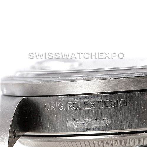 The image shows a close-up side view of the case and bezel of a Rolex Date 15210 Men's Stainless Steel Black Dial 15210 Men's Stainless Steel Black Dial model, highlighting the "ORIG. ROLEX DESIGN" engraving.