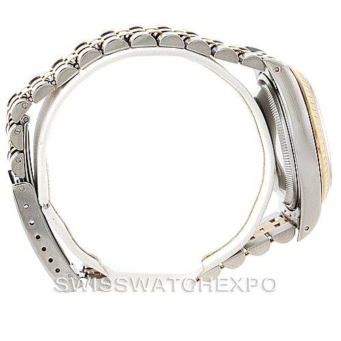 This image shows a side view of the Rolex Date 15223 Men's Steel and Gold (two tone) Champagne Dial 15223 Men's Steel and Gold (two tone) Champagne Dial model watch, highlighting its case, bezel, and bracelet.