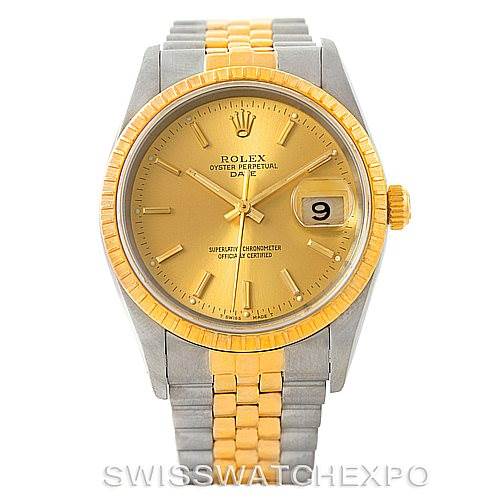 The image shows the front view of a Rolex Date 15223 Men's Steel and Gold (two tone) Champagne Dial 15223 Men's Steel and Gold (two tone) Champagne Dial model watch with a two-tone bracelet and date display at 3 o'clock.
