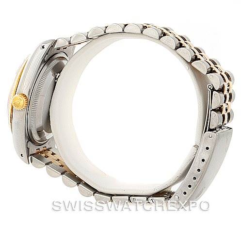 This image shows the side view of a Rolex Date 15223 Men's Steel and Gold (two tone) Champagne Dial 15223 Men's Steel and Gold (two tone) Champagne Dial model watch, highlighting the bracelet and crown.