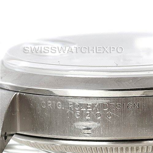 The image shows a close-up side view of the casing of a Rolex Date 15200 Men's Stainless Steel White Dial 15200 Men's Stainless Steel White Dial model watch, highlighting "ORIG. ROLEX DESIGN 15200".