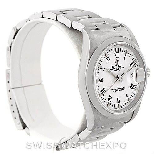 This image shows a Rolex Date 15200 Men's Stainless Steel White Dial 15200 Men's Stainless Steel White Dial model watch from a side angle, highlighting its bracelet, case, and dial with Roman numerals.