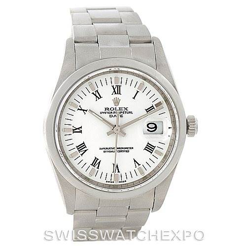 The image shows a full frontal view of a Rolex Date 15200 Men's Stainless Steel White Dial 15200 Men's Stainless Steel White Dial model watch with a white dial and Roman numerals.
