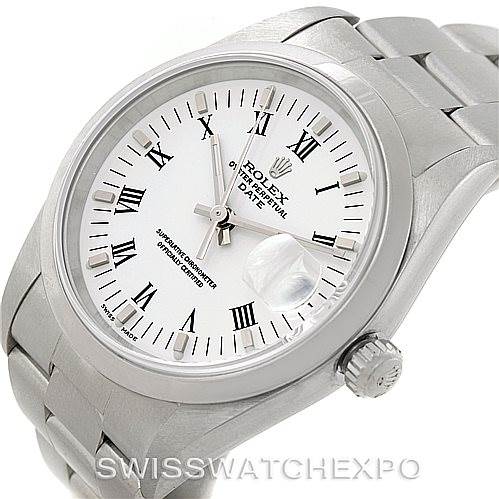 The image shows a Rolex Date 15200 Men's Stainless Steel White Dial 15200 Men's Stainless Steel White Dial model watch angled to display the dial, bracelet, and crown.