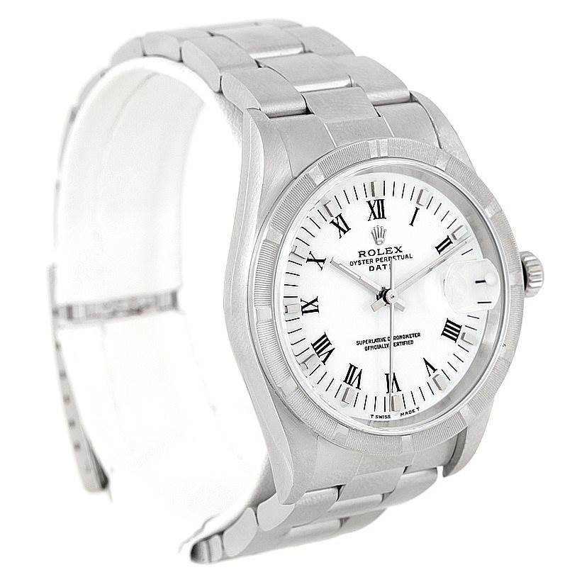 The image shows a Date model Rolex watch from an angled side view, displaying its face, bezel, crown, and metal bracelet.