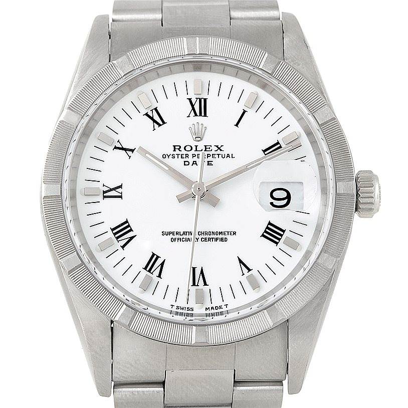 This image shows a frontal view of the Rolex Date 15210 Men's Stainless Steel White Dial 15210 Men's Stainless Steel White Dial model watch, displaying the dial, bezel, bracelet, crown, and date window.