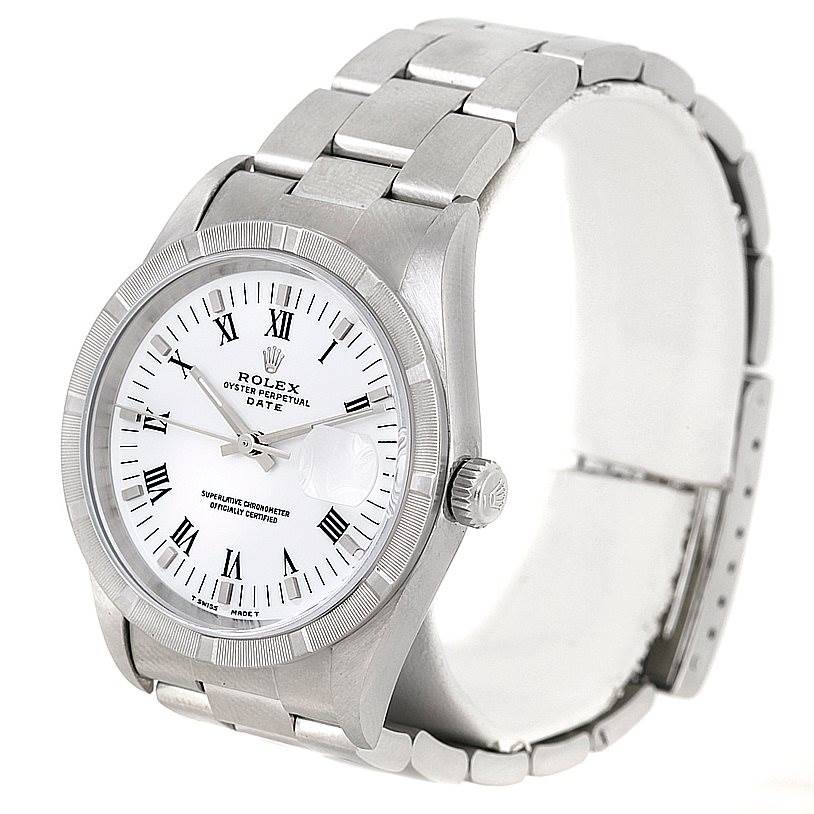 The image shows a Rolex Date 15210 Men's Stainless Steel White Dial 15210 Men's Stainless Steel White Dial watch featuring the face, bezel, crown, and stainless steel bracelet at a three-quarter angle.