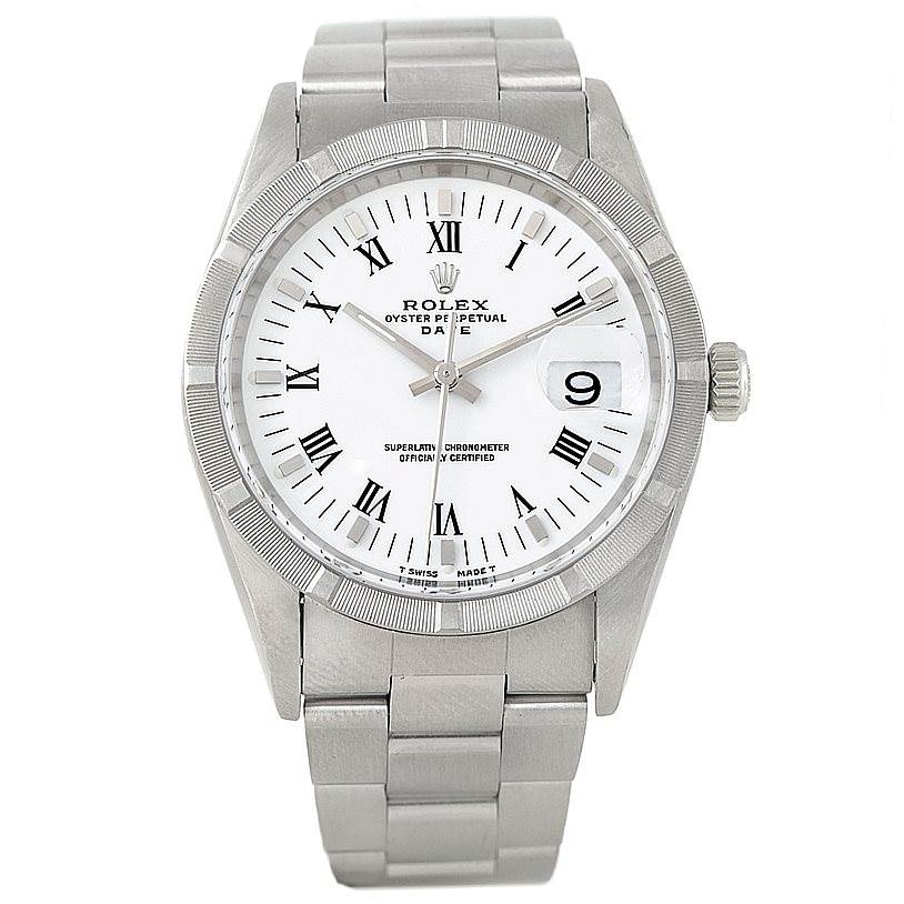The image shows a frontal view of a Rolex Date 15210 Men's Stainless Steel White Dial 15210 Men's Stainless Steel White Dial model watch, displaying the watch face, bezel, and bracelet.