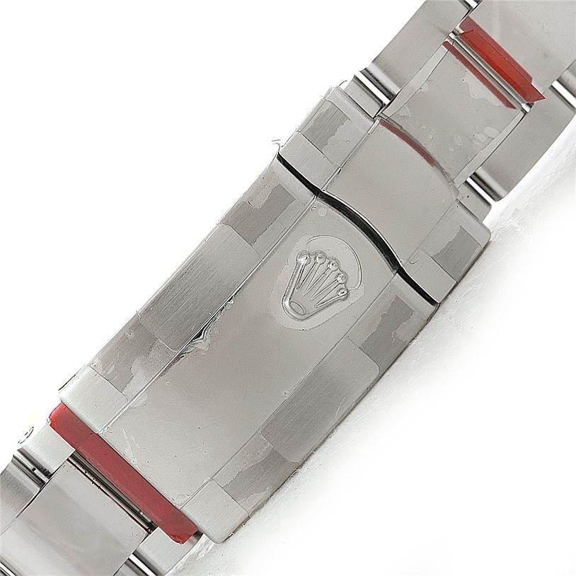 This image shows the clasp of a Rolex Date 115200 Men's Stainless Steel Silver Dial 115200 Men's Stainless Steel Silver Dial model watch, viewed from a top-down angle.