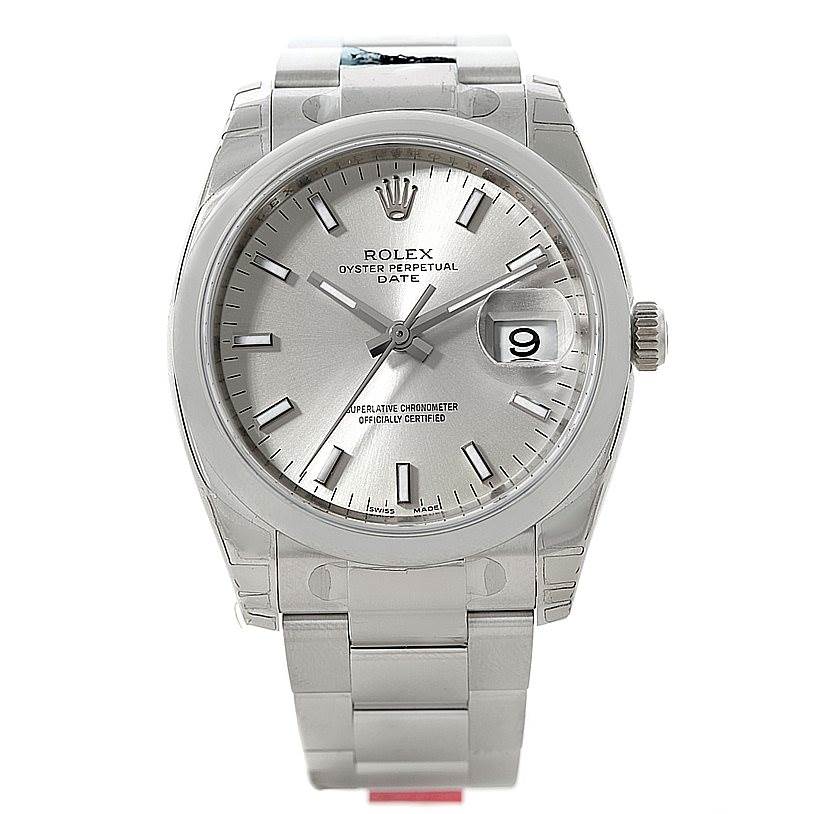 The image shows a front view of a Rolex Date 115200 Men's Stainless Steel Silver Dial 115200 Men's Stainless Steel Silver Dial model watch, highlighting its silver dial, date window, and stainless steel bracelet.
