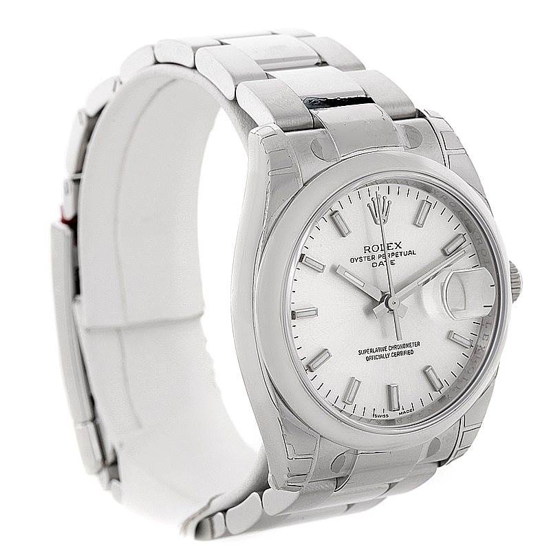 The Rolex Date 115200 Men's Stainless Steel Silver Dial 115200 Men's Stainless Steel Silver Dial model watch is shown from a front angle, highlighting the dial, case, and bracelet.
