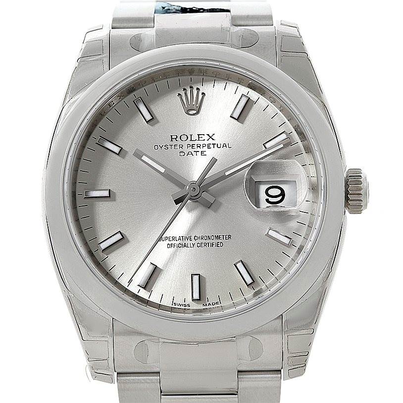 This is a front view of a Rolex Oyster Perpetual Date watch, showing its face, bezel, and part of the bracelet.