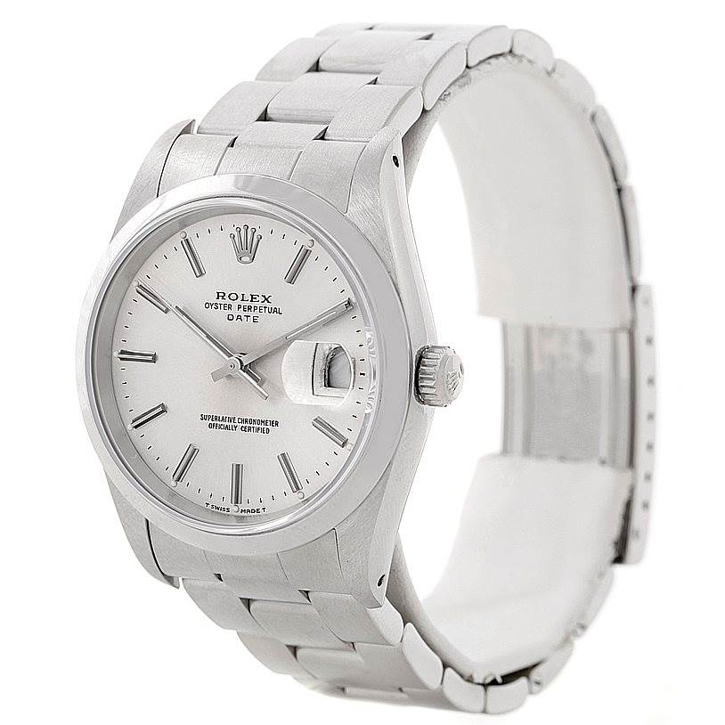 The image shows a front and side view of the Rolex Date 15200 Men's Stainless Steel Silver Dial 15200 Men's Stainless Steel Silver Dial model watch, highlighting its face, bezel, crown, and bracelet.