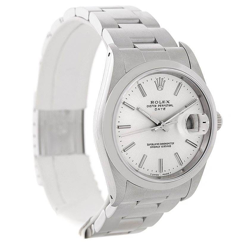 This image shows a Rolex Date 15200 Men's Stainless Steel Silver Dial 15200 Men's Stainless Steel Silver Dial model watch at a slight angle, highlighting the dial, bezel, and part of the bracelet.