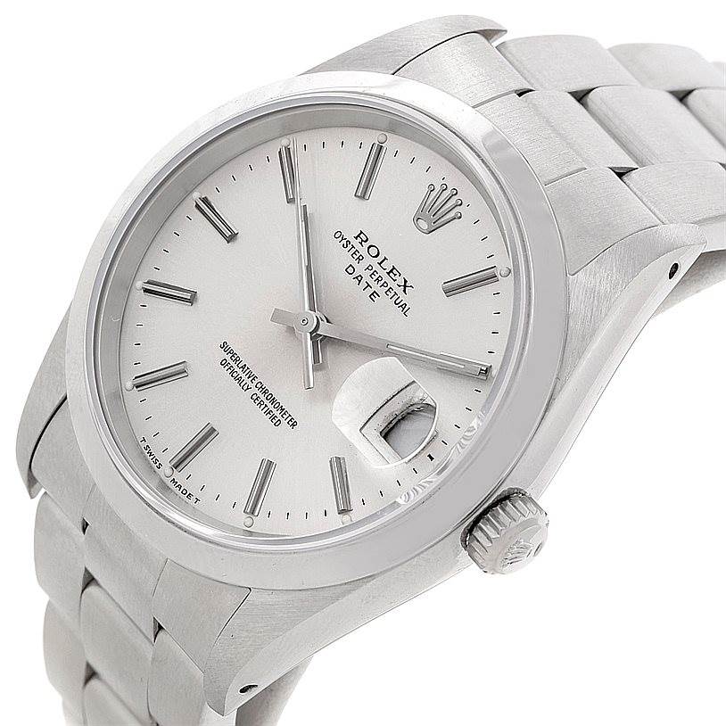 This image shows a close-up, angled view of a Rolex Date 15200 Men's Stainless Steel Silver Dial 15200 Men's Stainless Steel Silver Dial model watch, highlighting the dial, bezel, crown, and part of the bracelet.