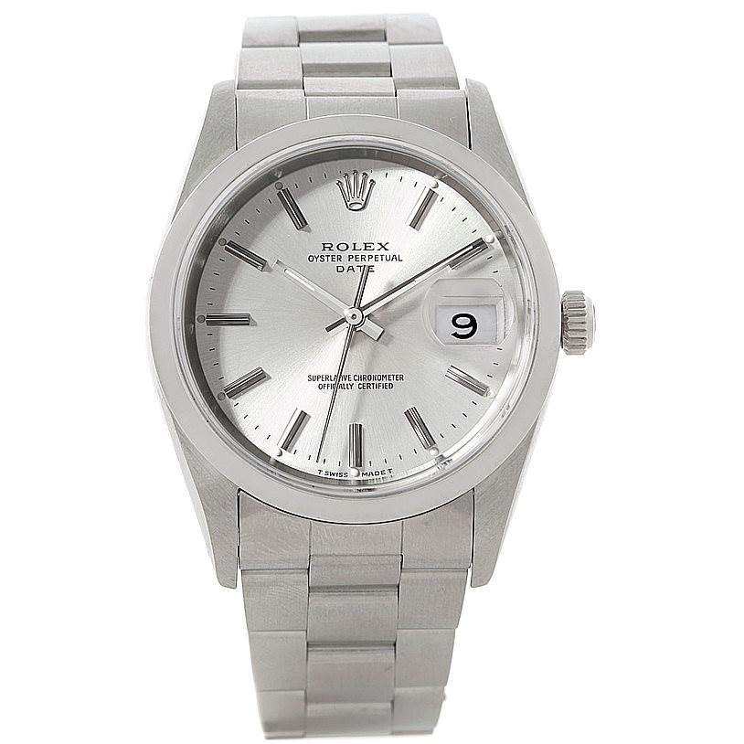 This image shows a front view of a Rolex Date 15200 Men's Stainless Steel Silver Dial 15200 Men's Stainless Steel Silver Dial model watch, displaying its dial, bezel, bracelet, and date window.