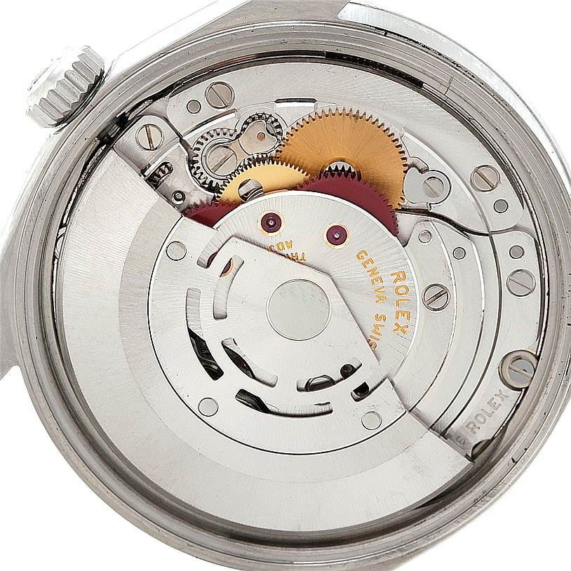 This image shows the internal mechanism of the Rolex Date 15200 Men's Stainless Steel Silver Dial 15200 Men's Stainless Steel Silver Dial model watch from a back angle, revealing gears and movement parts.