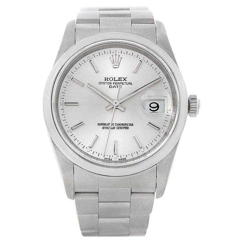 This image shows a Rolex Date 15200 Men's Stainless Steel Silver Dial 15200 Men's Stainless Steel Silver Dial model watch from the front, highlighting its face, hands, date window, and bracelet.