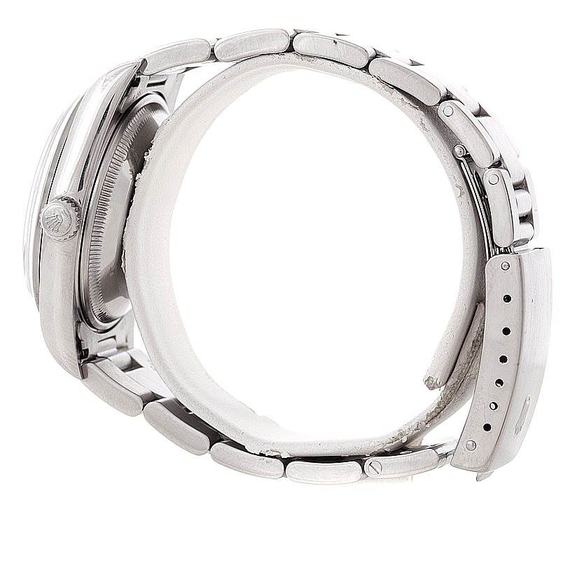 This image shows a side view of the Rolex Date 15200 Men's Stainless Steel Silver Dial 15200 Men's Stainless Steel Silver Dial model watch, highlighting the crown, bezel, and bracelet.