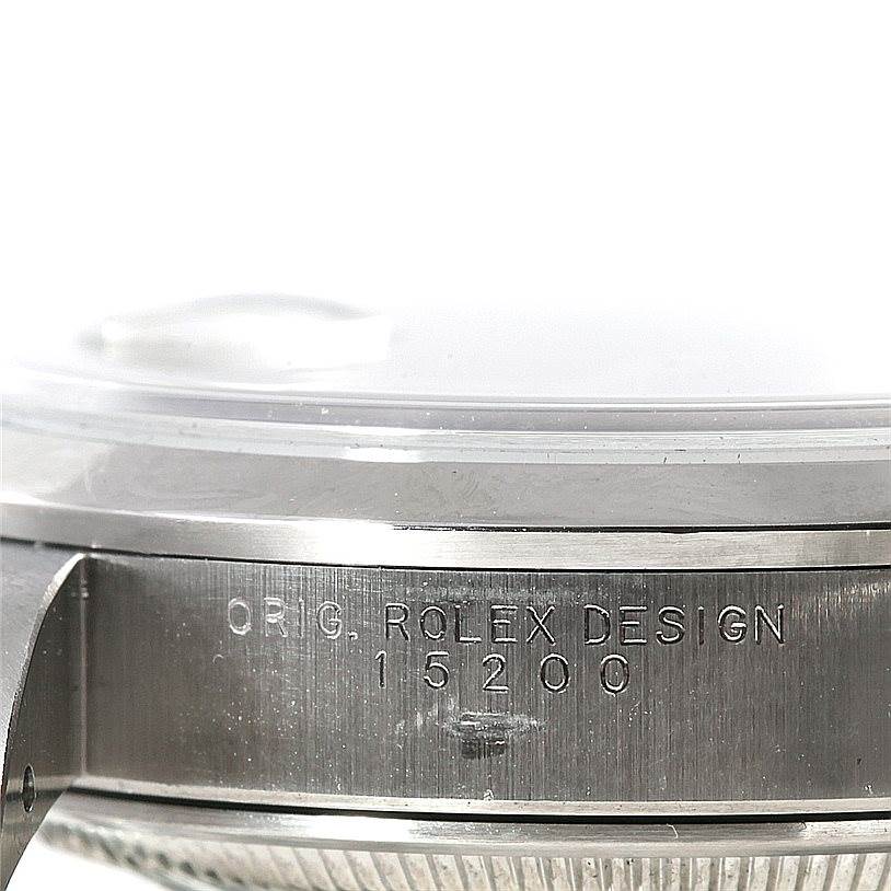 This image shows a close-up angle of the side of a Rolex Date 15200 Men's Stainless Steel Silver Dial 15200 Men's Stainless Steel Silver Dial model watch, displaying the model number 15200.