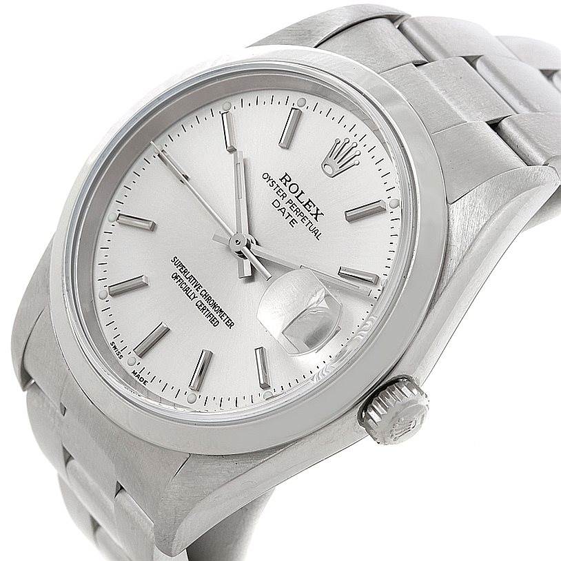 The image shows the dial, bezel, crown, and bracelet of a Rolex Date 15200 Men's Stainless Steel Silver Dial 15200 Men's Stainless Steel Silver Dial model watch at an angled close-up view.