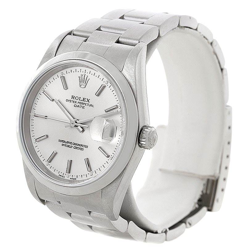 This image shows a front angle of a Rolex Date 15200 Men's Stainless Steel Silver Dial 15200 Men's Stainless Steel Silver Dial model, displaying its dial, crown, and metal bracelet.