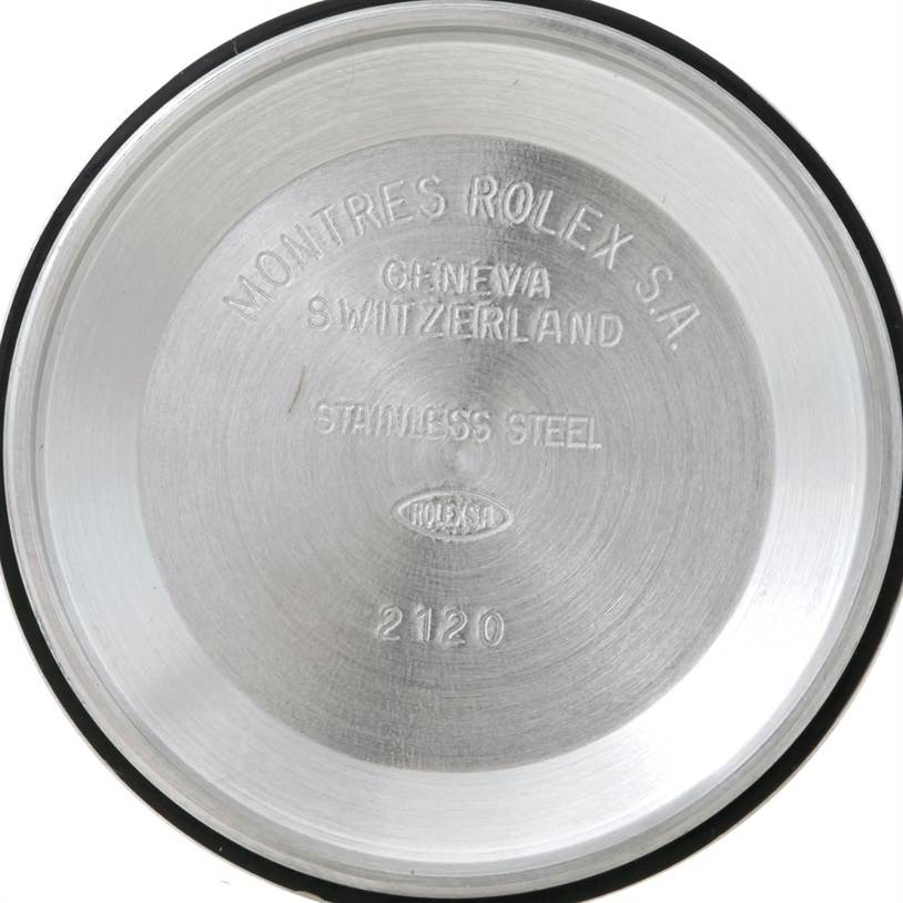 The image shows the underside of the case back for a Rolex Date 15210 Men's Stainless Steel Silver Dial 15210 Men's Stainless Steel Silver Dial model watch.