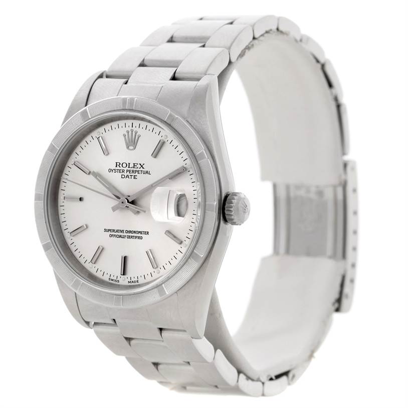 This image shows the Rolex Date 15210 Men's Stainless Steel Silver Dial 15210 Men's Stainless Steel Silver Dial model watch at a three-quarter angle, displaying its face, bezel, crown, and bracelet.