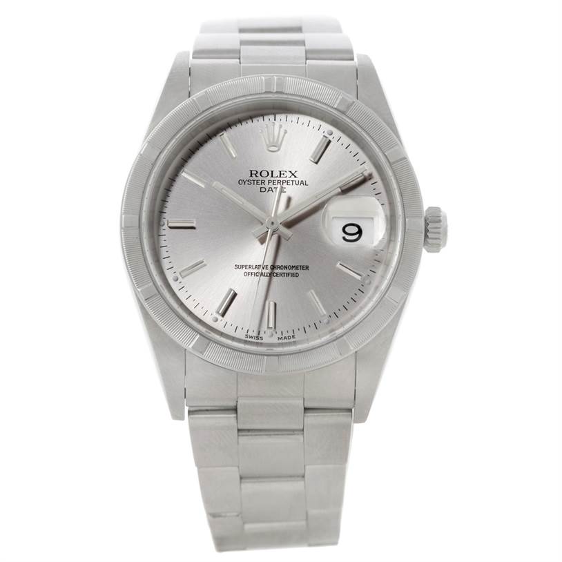 This image shows a Rolex Date 15210 Men's Stainless Steel Silver Dial 15210 Men's Stainless Steel Silver Dial watch from the front, highlighting the dial, bezel, bracelet, and crown.