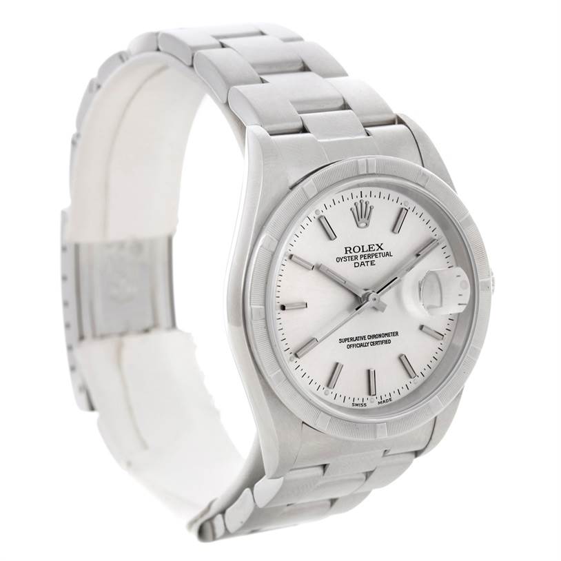 This image shows a Rolex Date 15210 Men's Stainless Steel Silver Dial 15210 Men's Stainless Steel Silver Dial model watch at a slightly angled front view, displaying its dial, bezel, and bracelet.