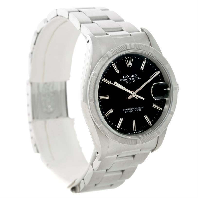 The image shows a Rolex Date 15210 Men's Stainless Steel Black Dial 15210 Men's Stainless Steel Black Dial model watch at a three-quarter angle, highlighting its face, bezel, and part of the bracelet.