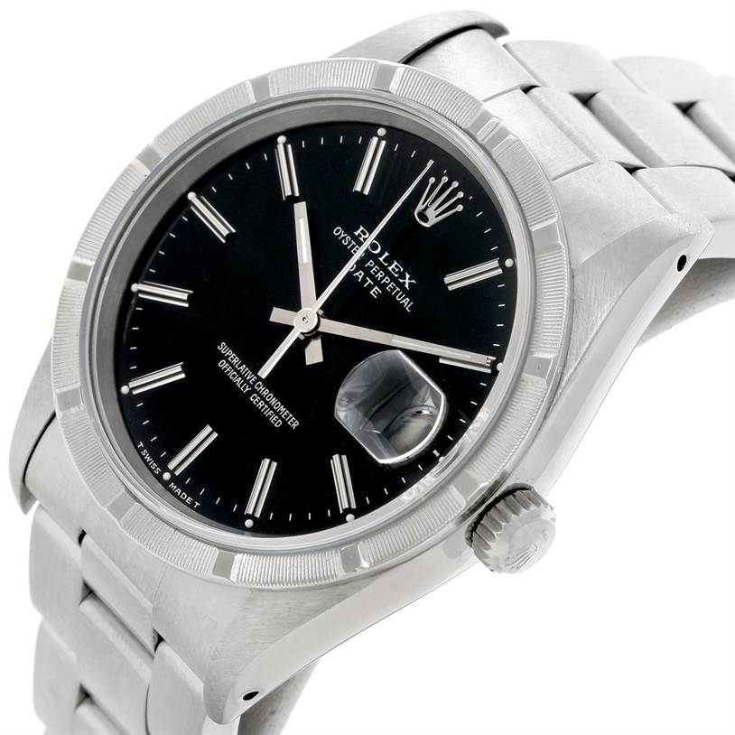 This image shows a close-up angled view of the Rolex Date 15210 Men's Stainless Steel Black Dial 15210 Men's Stainless Steel Black Dial model, highlighting the dial, bezel, crown, and bracelet.