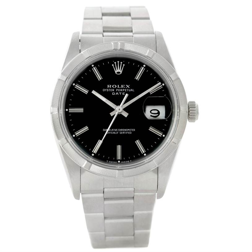 The image shows a front view of a Rolex Date 15210 Men's Stainless Steel Black Dial 15210 Men's Stainless Steel Black Dial model watch, highlighting the black dial, hands, crown, and metal bracelet.