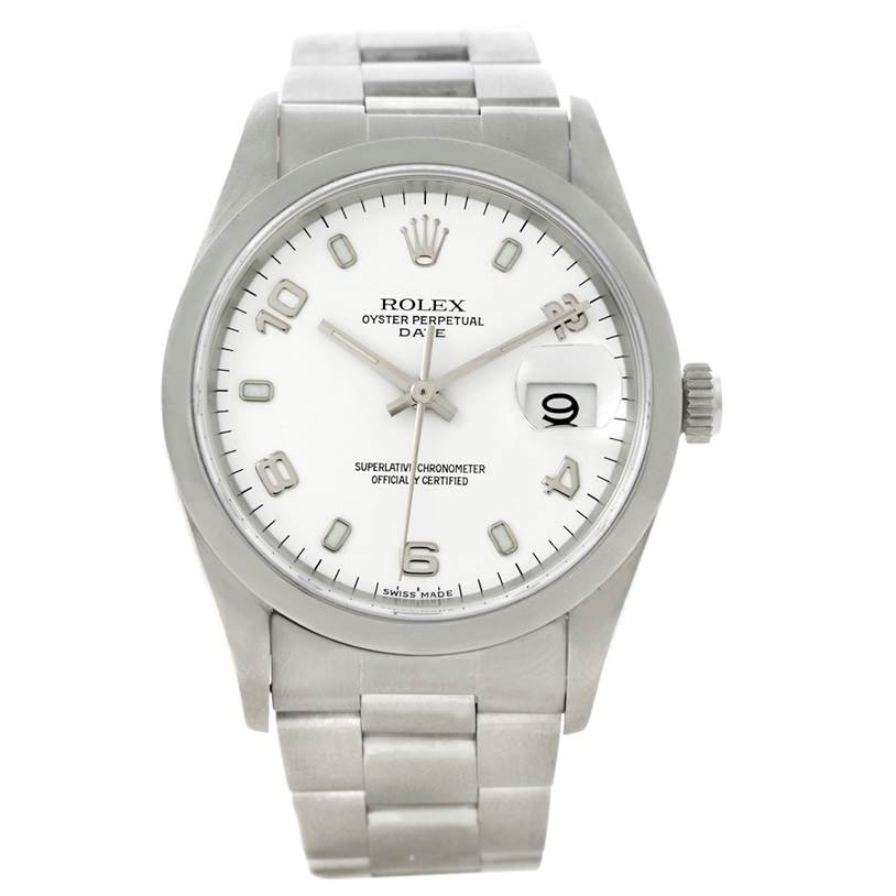 The Rolex Date 15200 Men's Stainless Steel White Dial 15200 Men's Stainless Steel White Dial model watch is shown from a front angle, highlighting the dial, hands, date window, and bracelet.