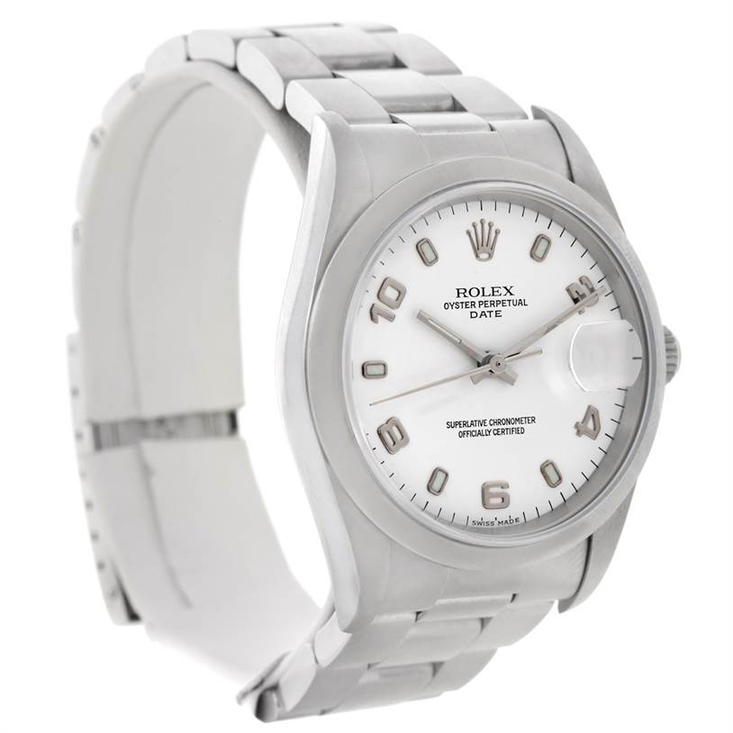 The image shows a Rolex Date 15200 Men's Stainless Steel White Dial 15200 Men's Stainless Steel White Dial model watch from a front-left angled view, highlighting the face, bracelet, and crown.
