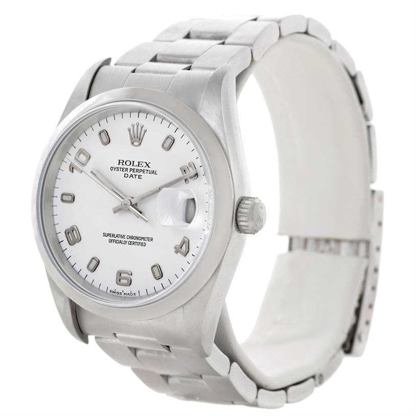 The image shows a front angled view of the Rolex Date 15200 Men's Stainless Steel White Dial 15200 Men's Stainless Steel White Dial model, highlighting its dial, bezel, crown, and part of the bracelet.