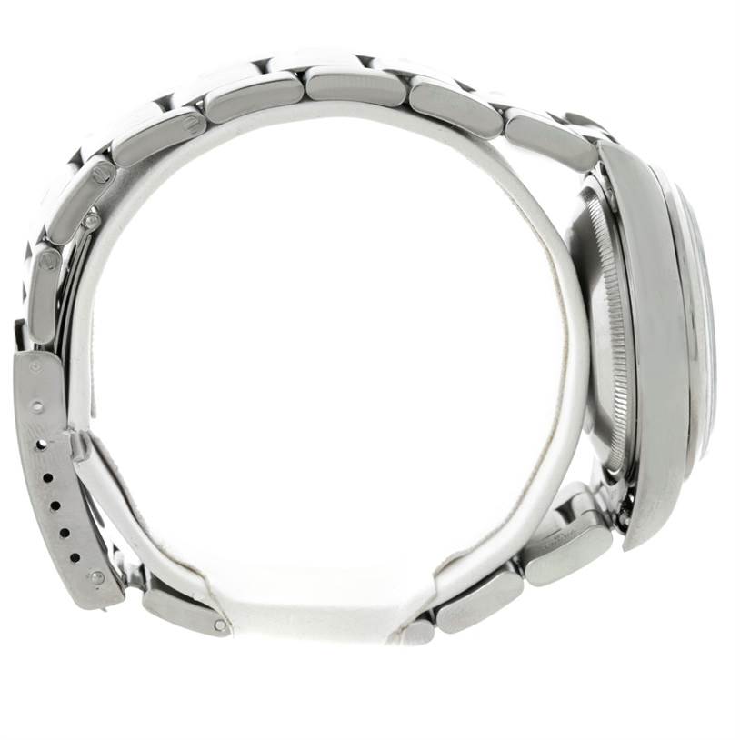 This image shows a side profile of a Rolex Date 15200 Men's Stainless Steel White Dial 15200 Men's Stainless Steel White Dial model watch, highlighting its bracelet, case, and clasp.