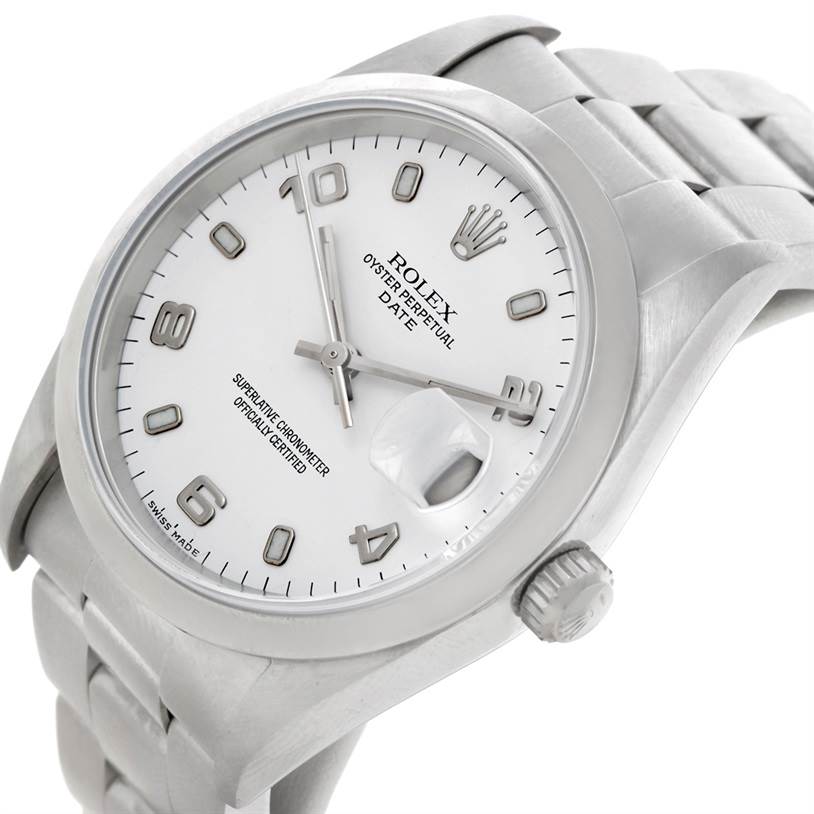 This image shows a close-up angle of the watch face, bezel, and part of the bracelet of a Rolex Date 15200 Men's Stainless Steel White Dial 15200 Men's Stainless Steel White Dial model.