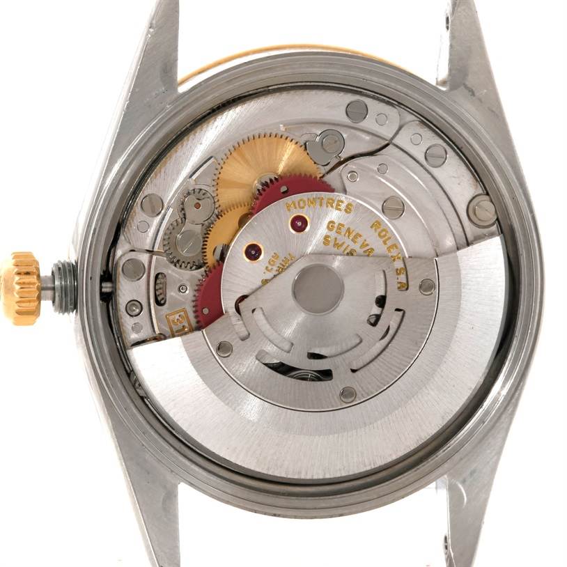 This image shows the internal mechanism of the Rolex Date 15203 Men's Steel and Gold (two tone) Grey Dial 15203 Men's Steel and Gold (two tone) Grey Dial model watch, viewed from the back.