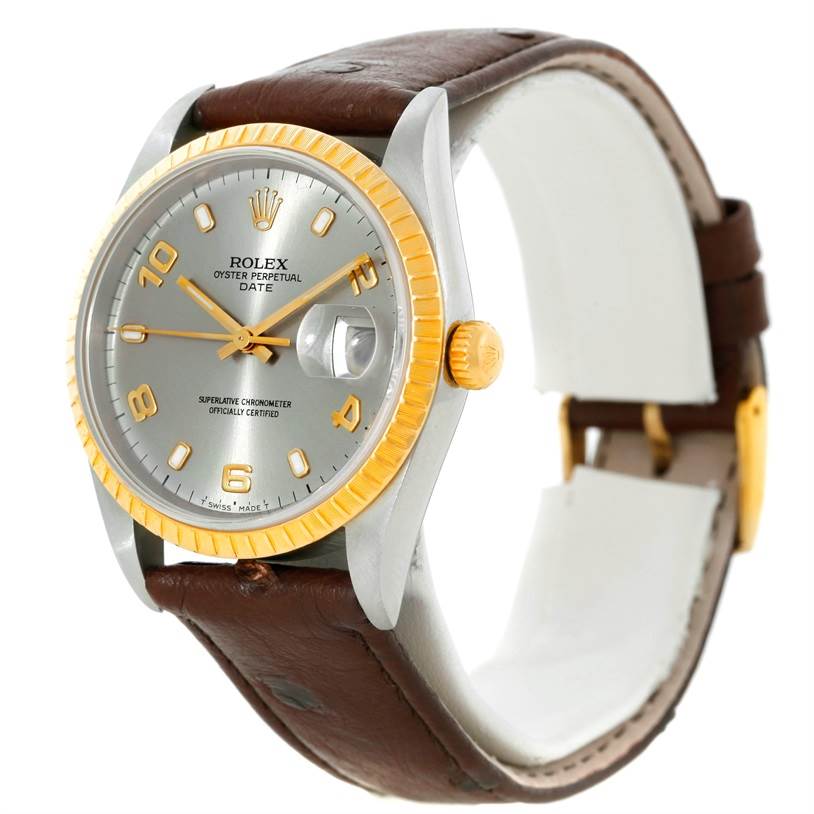 This Rolex Oyster Perpetual Date watch is shown from a front angle, displaying the face, crown, bezel, and part of the leather strap.