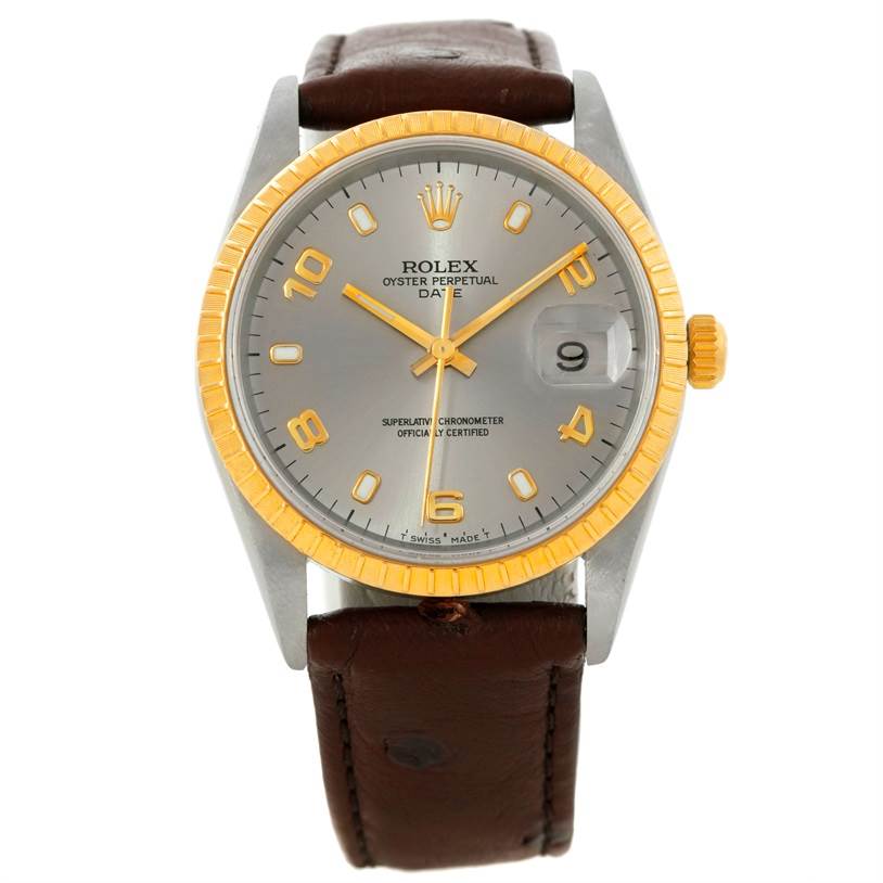 The image shows a front view of a Rolex Oyster Perpetual Date watch, displaying the dial, hands, date window, bezel, case, and leather strap.